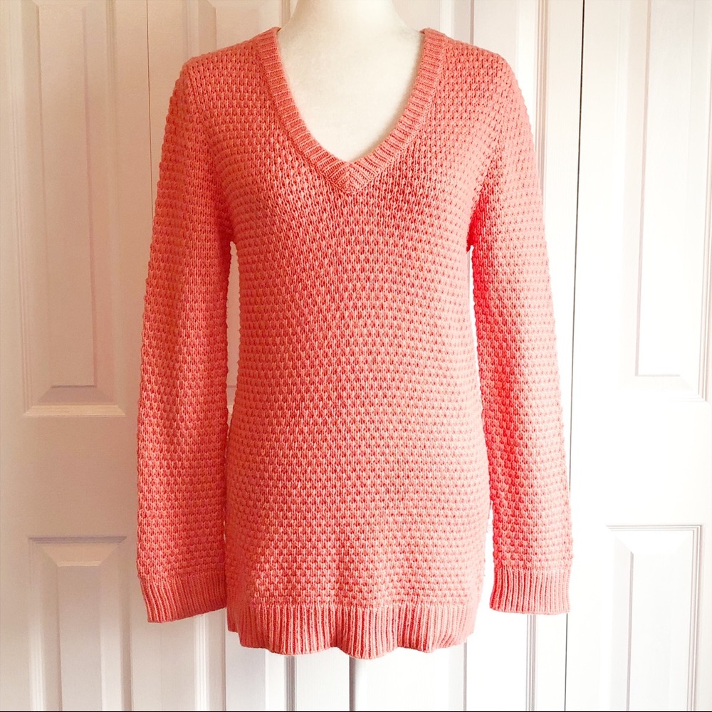 Hinge Coral Orange V-Neck Soft Wool Cashmere Blend Sweater Small